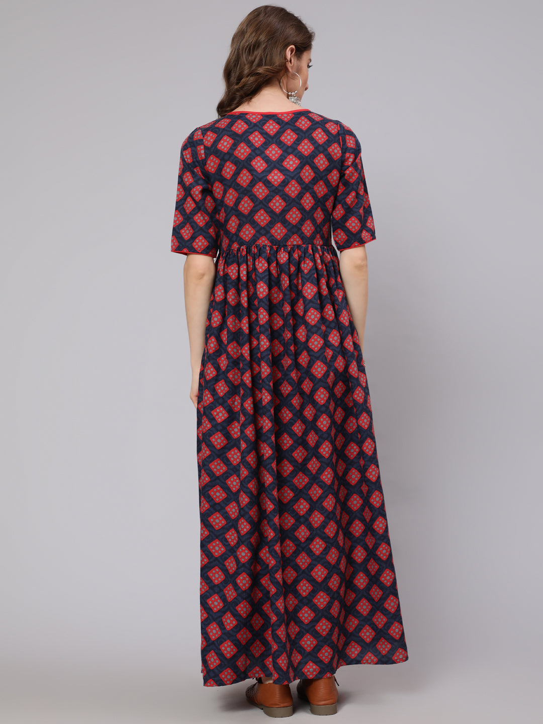 Maroon Checked Gathered Dress