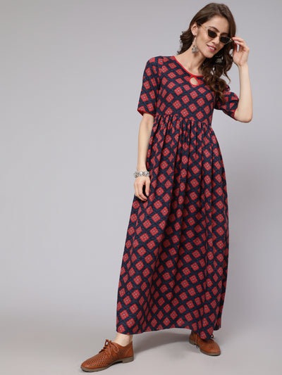 Maroon Checked Gathered Dress