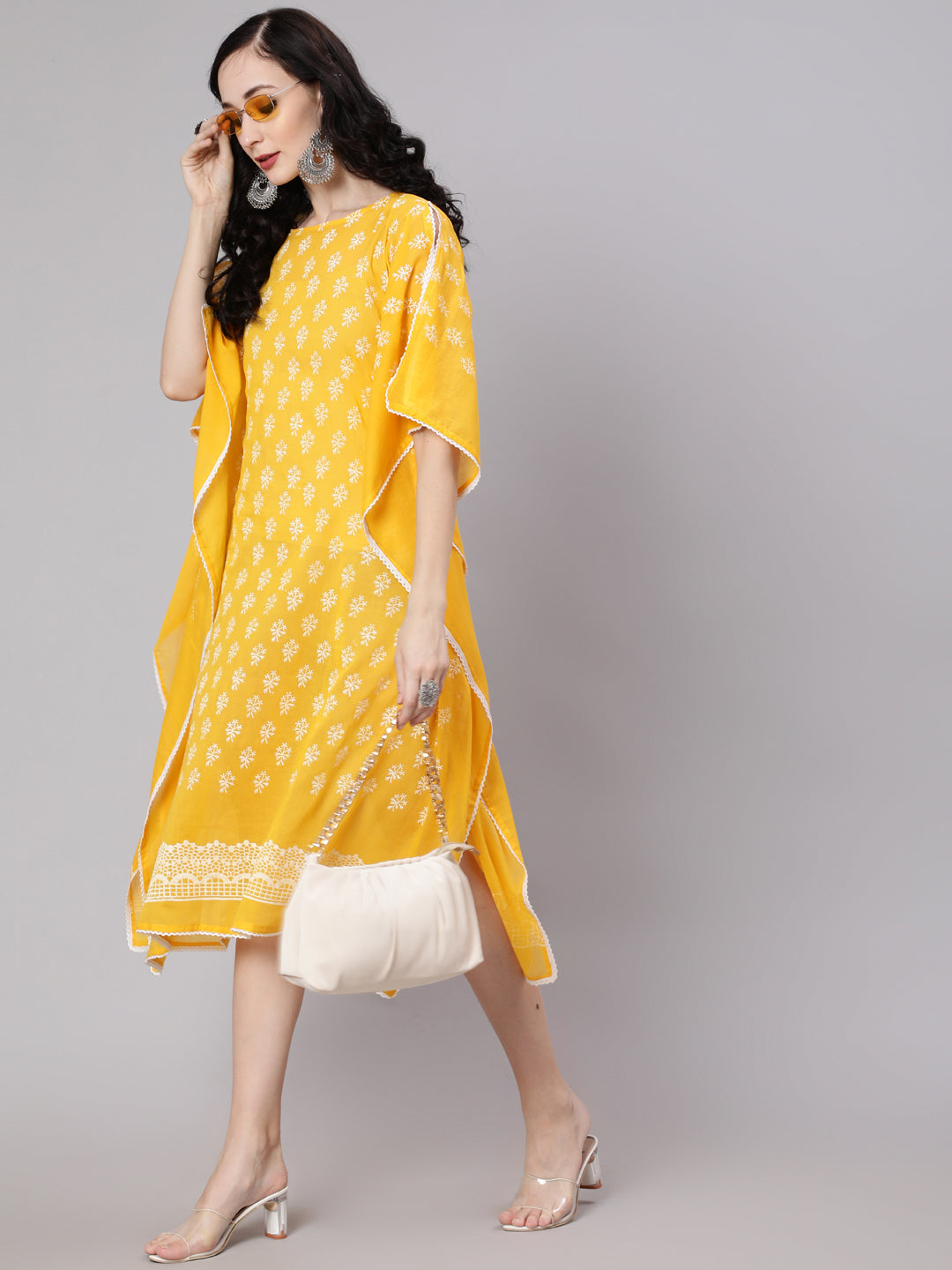 Yellow Hand Block Printed Kaftan Dress