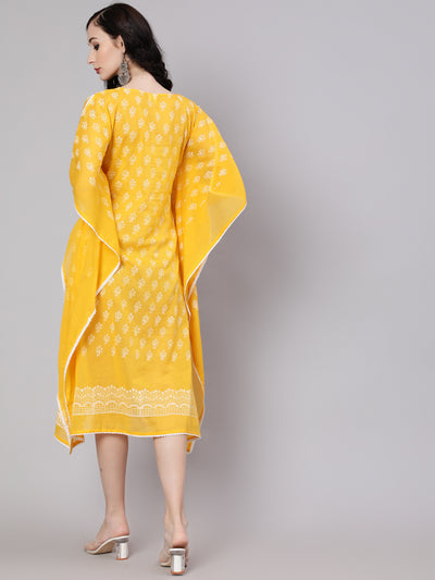 Yellow Hand Block Printed Kaftan Dress