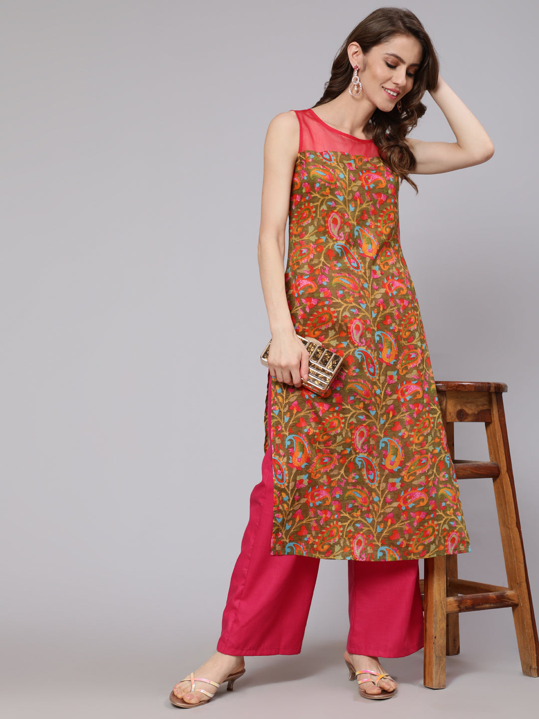 Olive & Pink Leaf Print Kurta