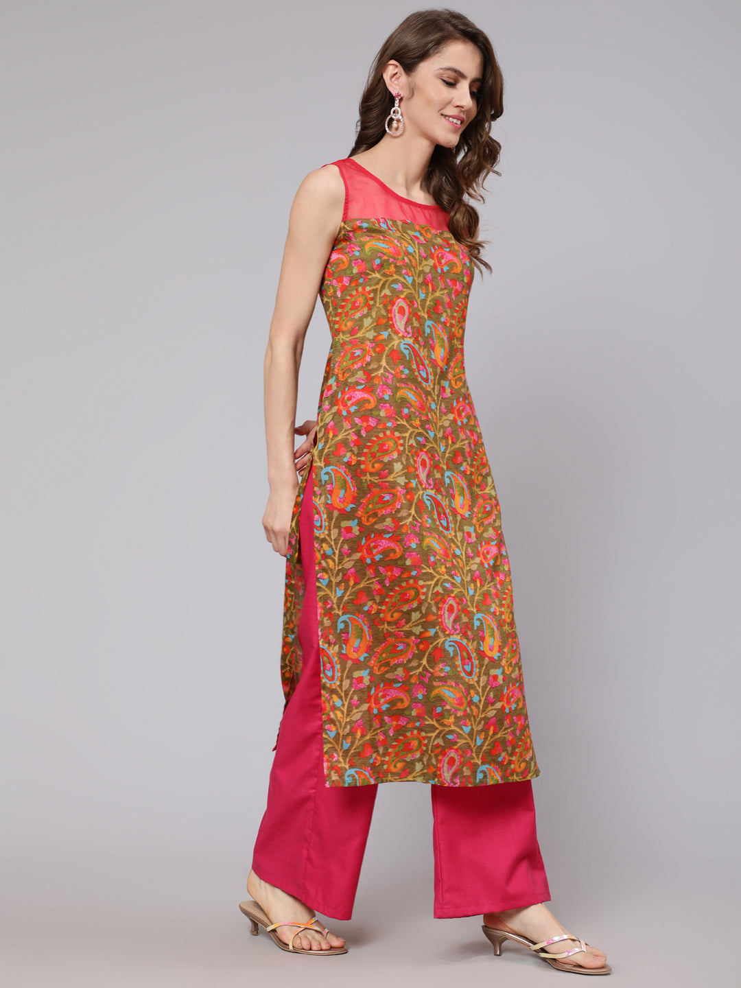 Olive & Pink Leaf Print Kurta