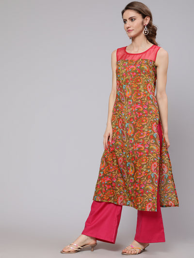 Olive & Pink Leaf Print Kurta