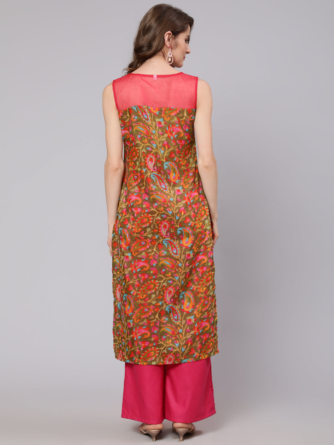 Olive & Pink Leaf Print Kurta