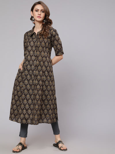 Olive Printed Button Down Kurta