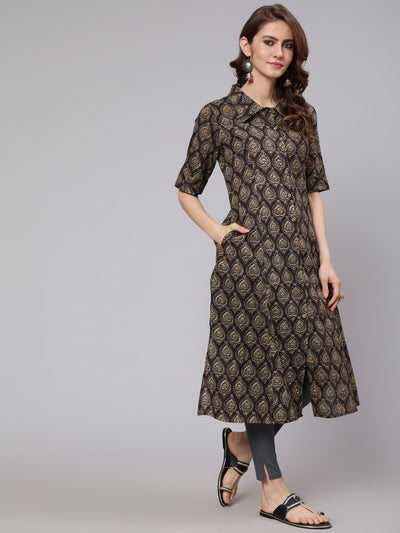 Olive Printed Button Down Kurta