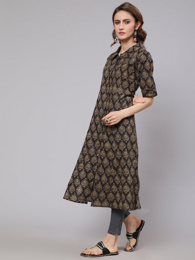 Olive Printed Button Down Kurta