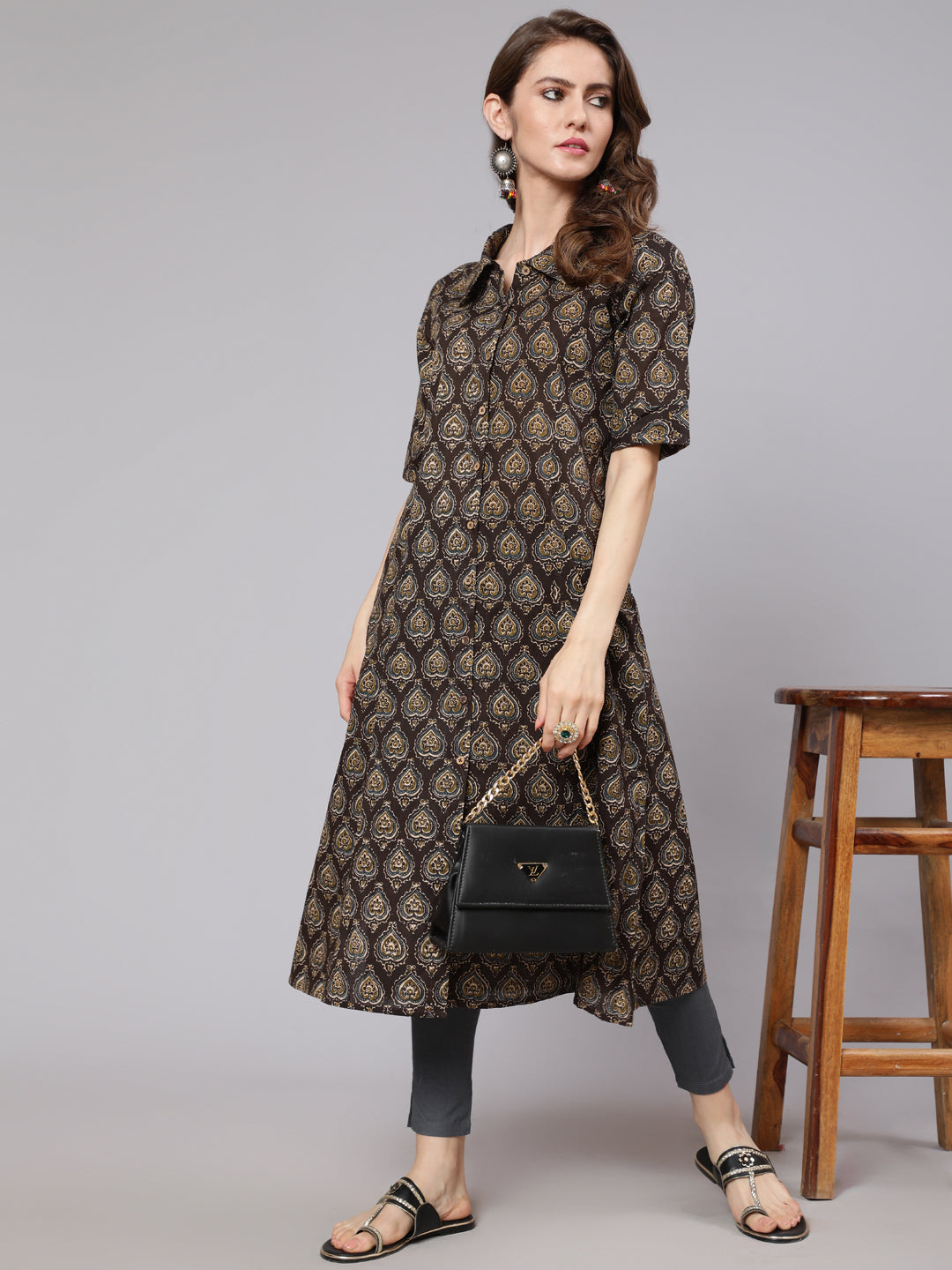 Olive Printed Button Down Kurta