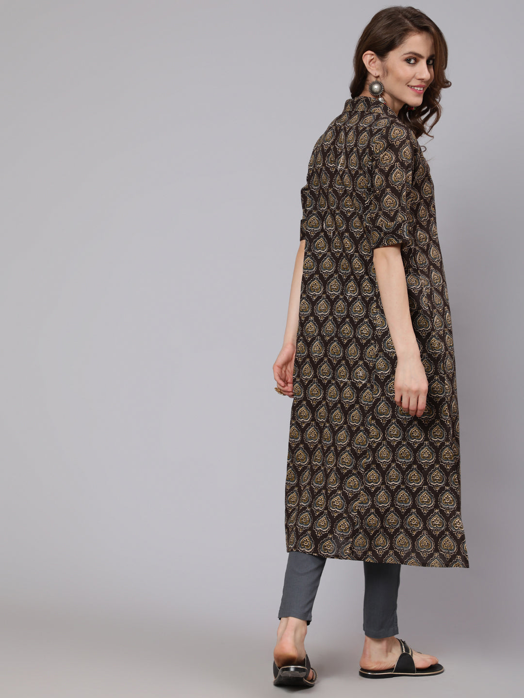 Olive Printed Button Down Kurta