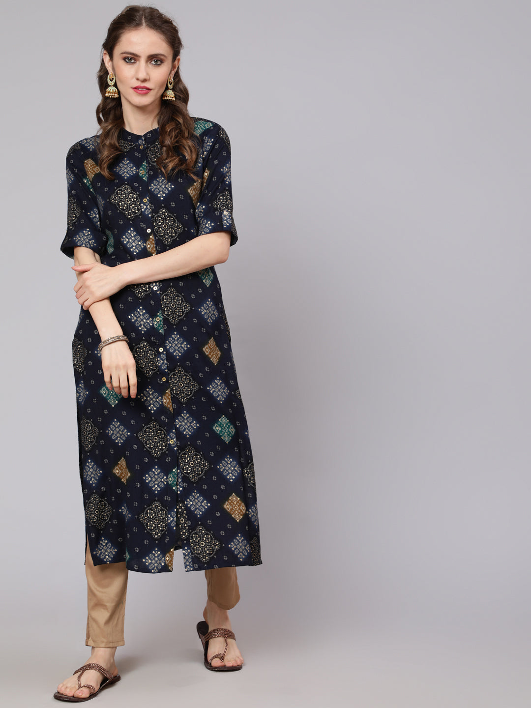 Blue Bandhani Print Button Down Kurta