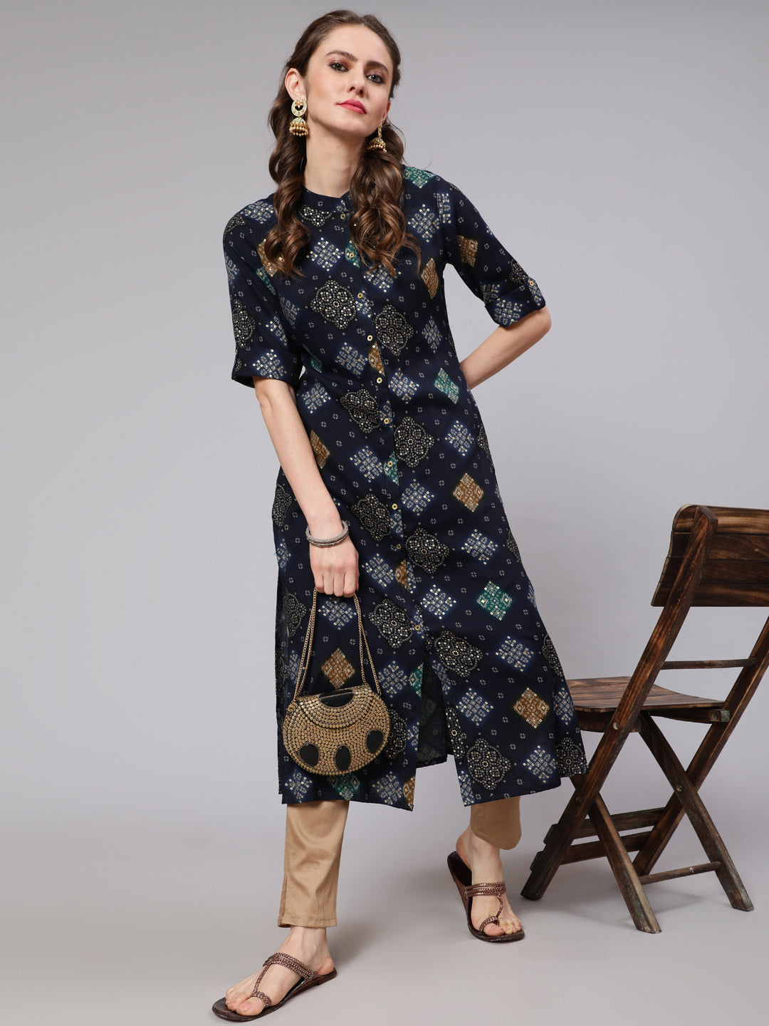 Blue Bandhani Print Button Down Kurta