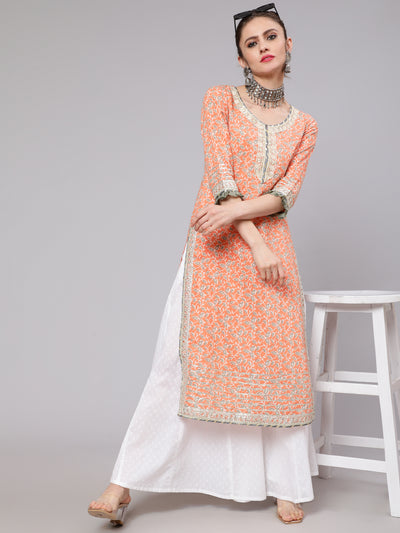 Peach Floral Print Kurta With Lace Details