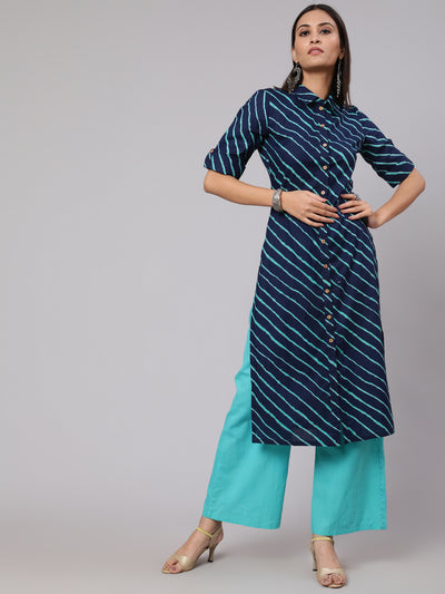 Blue Leheriya Print Button Down Straight Kurta