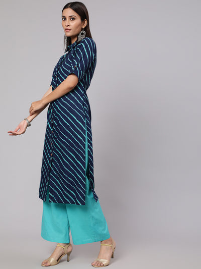 Blue Leheriya Print Button Down Straight Kurta