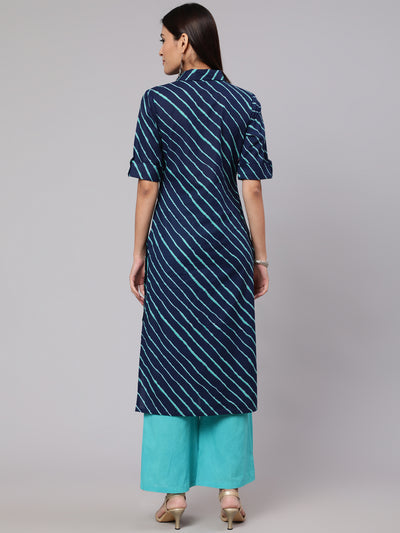 Blue Leheriya Print Button Down Straight Kurta