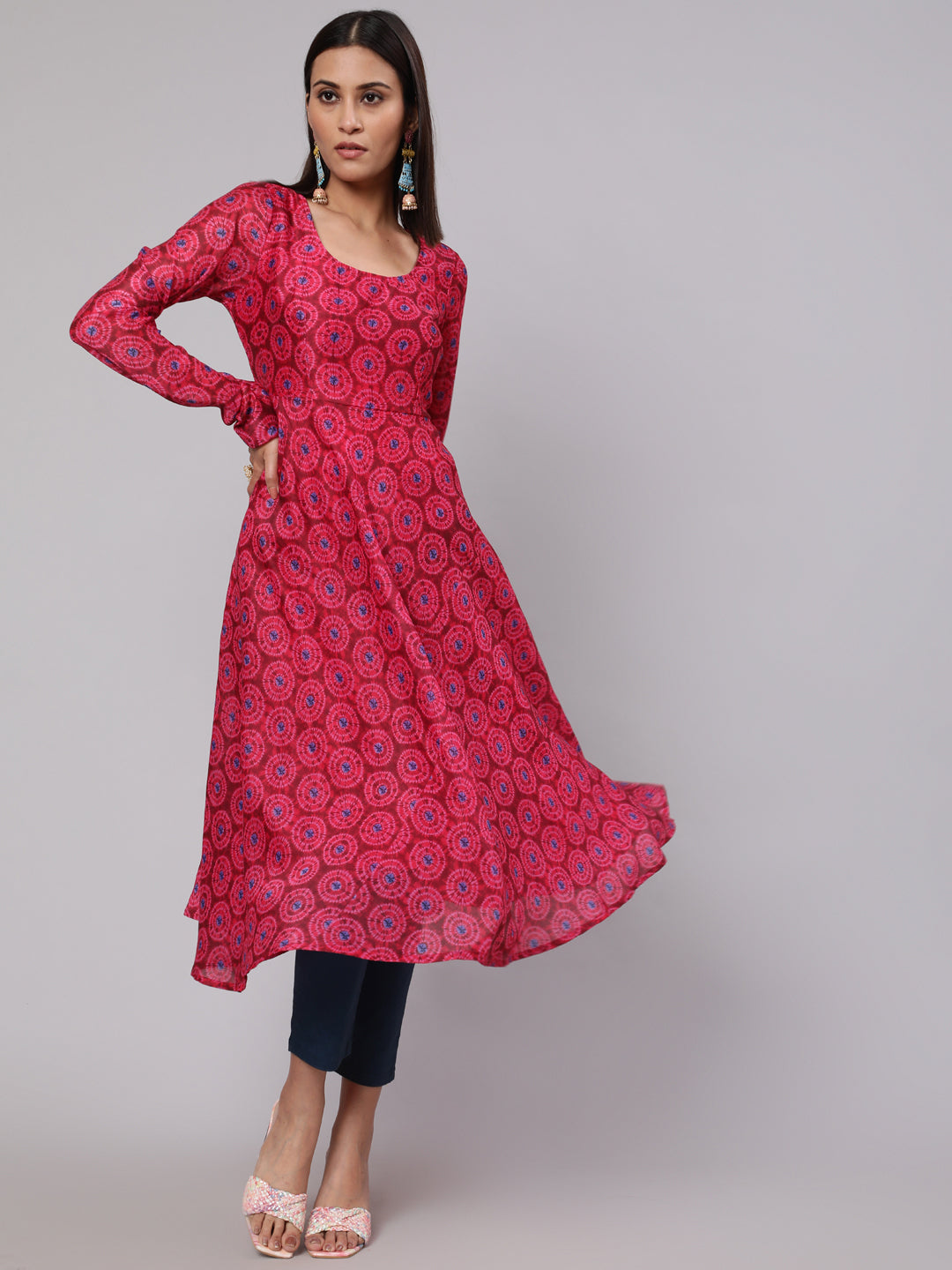 Magenta Printed Flared Anarkali