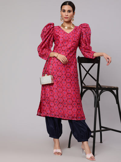 Magenta Printed Straight Kurta