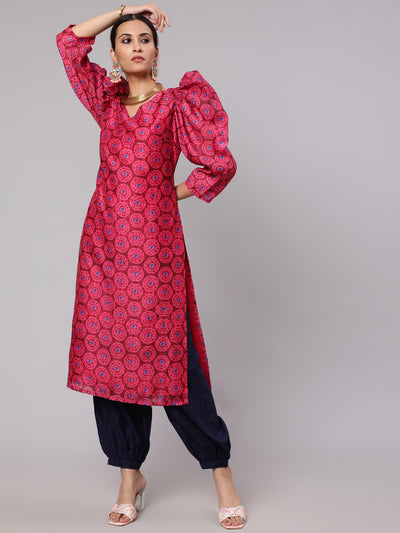 Magenta Printed Straight Kurta