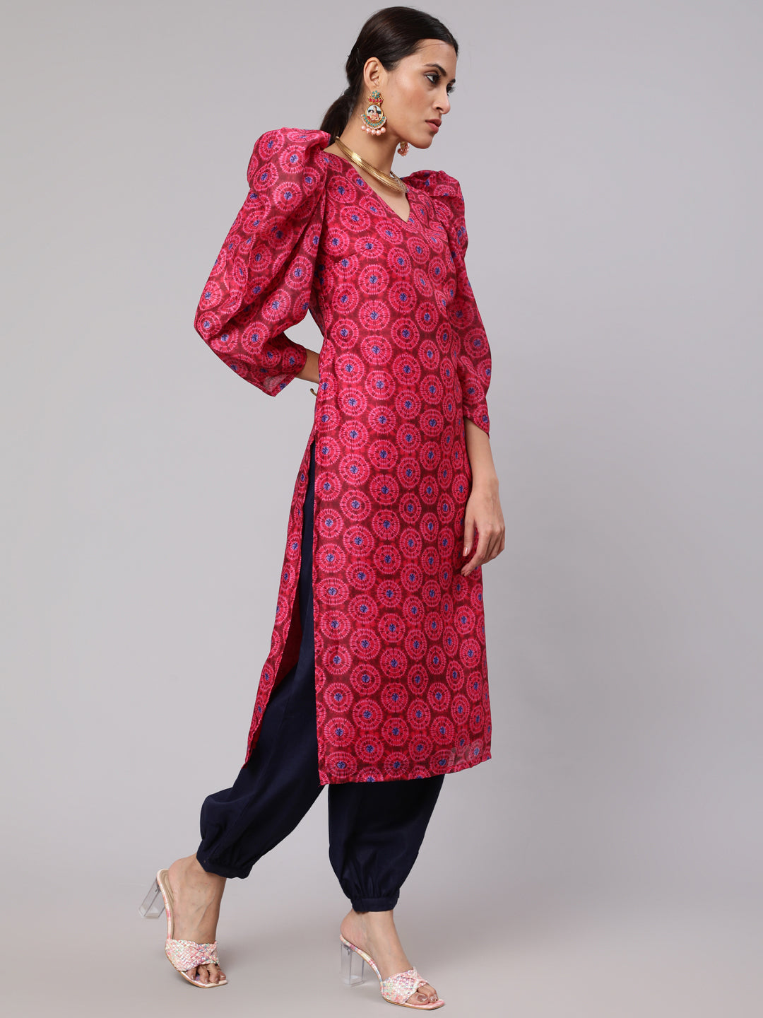 Magenta Printed Straight Kurta