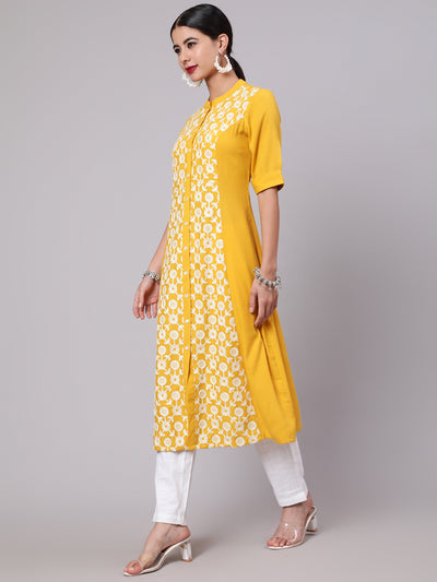 Yellow Embroidered Button Down A-Line Kurta