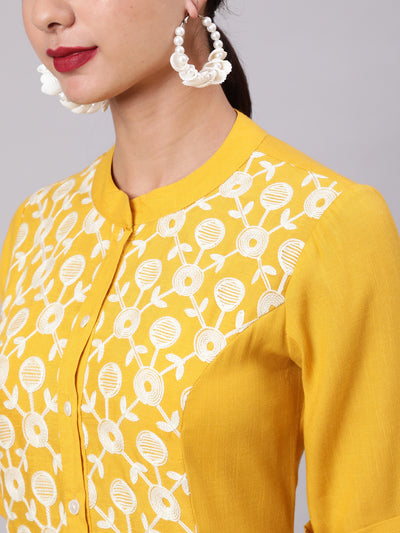 Yellow Embroidered Button Down A-Line Kurta