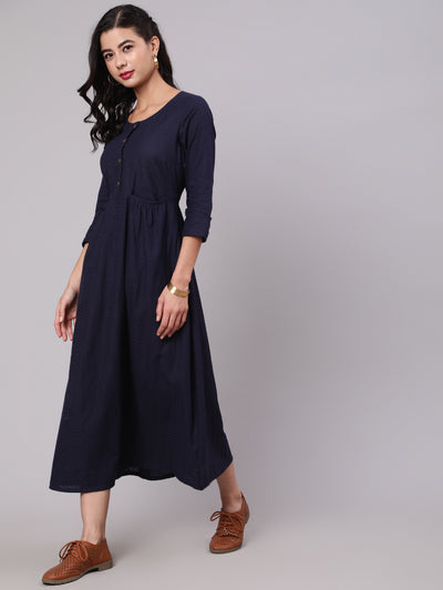 Navy Blue Woven Design Gathered Dress