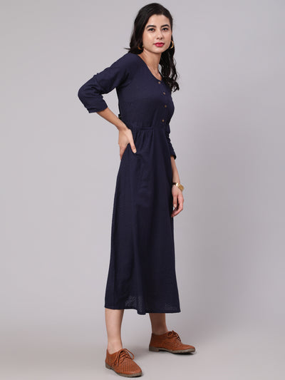 Navy Blue Woven Design Gathered Dress