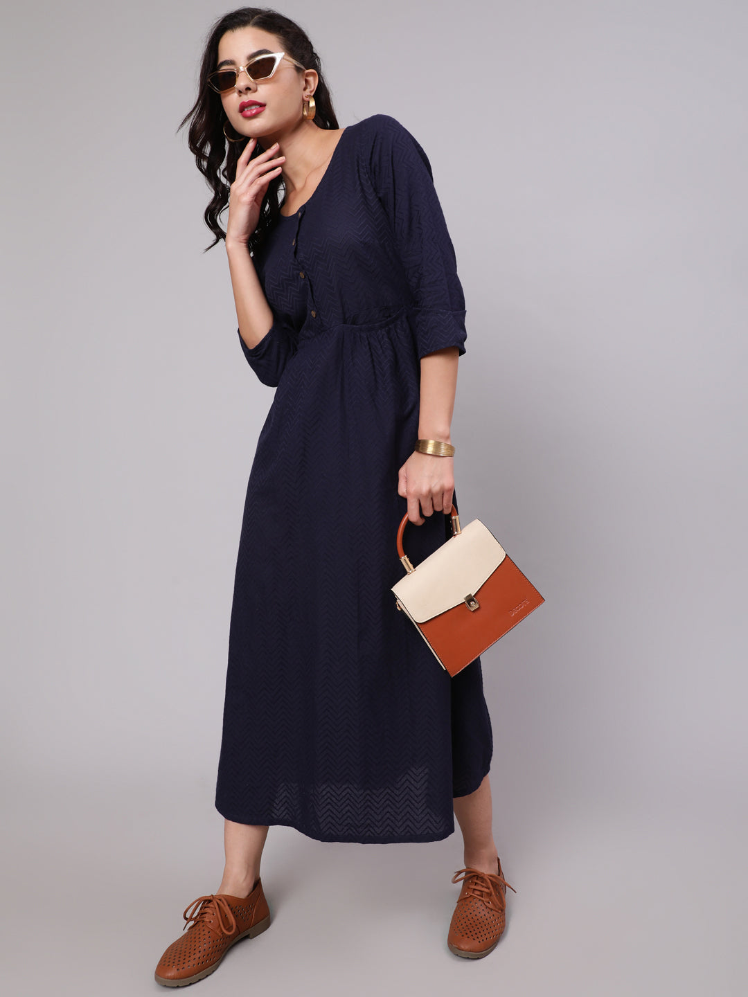 Navy Blue Woven Design Gathered Dress