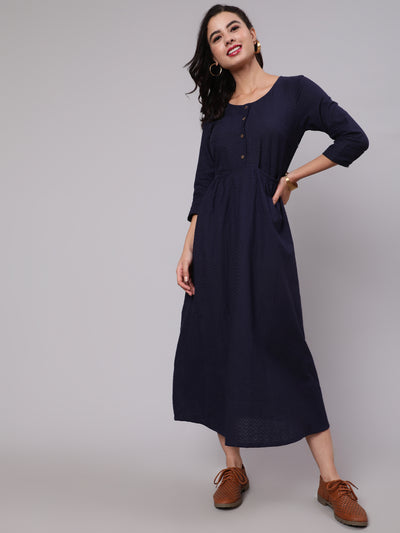 Navy Blue Woven Design Gathered Dress