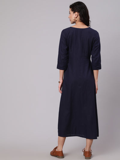 Navy Blue Woven Design Gathered Dress