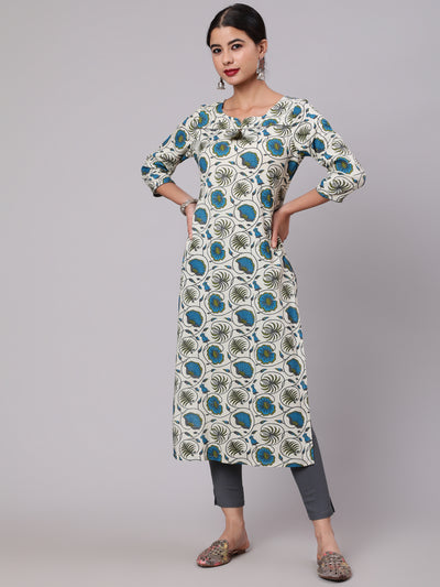 Cream & Blue Floral Print Kurta