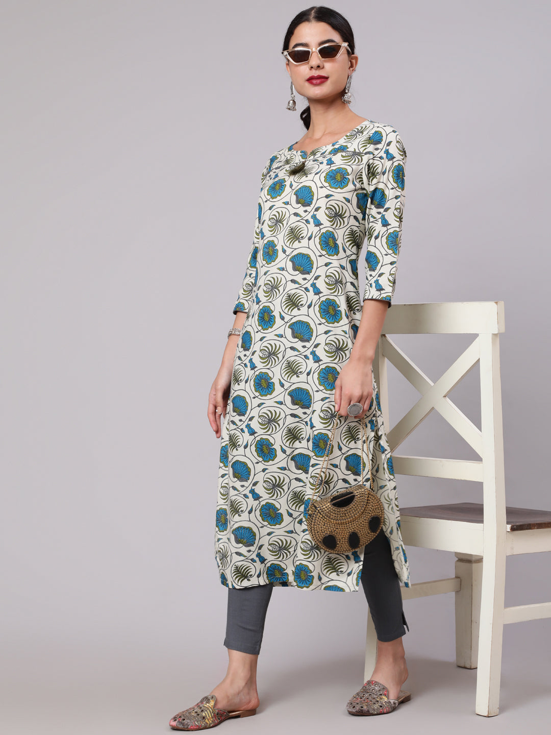 Cream & Blue Floral Print Kurta