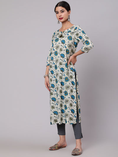 Cream & Blue Floral Print Kurta