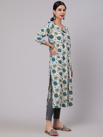 Cream & Blue Floral Print Kurta