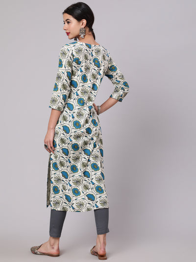 Cream & Blue Floral Print Kurta