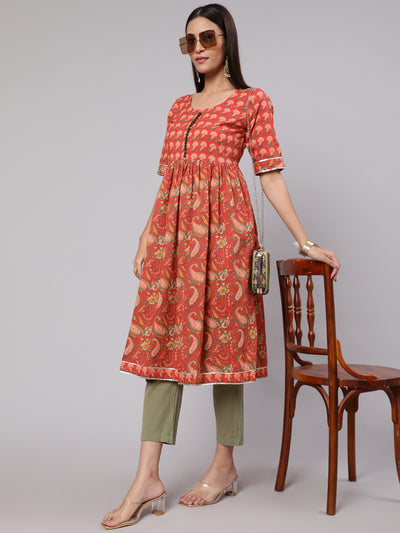 Red Floral Print Gathered Kurta