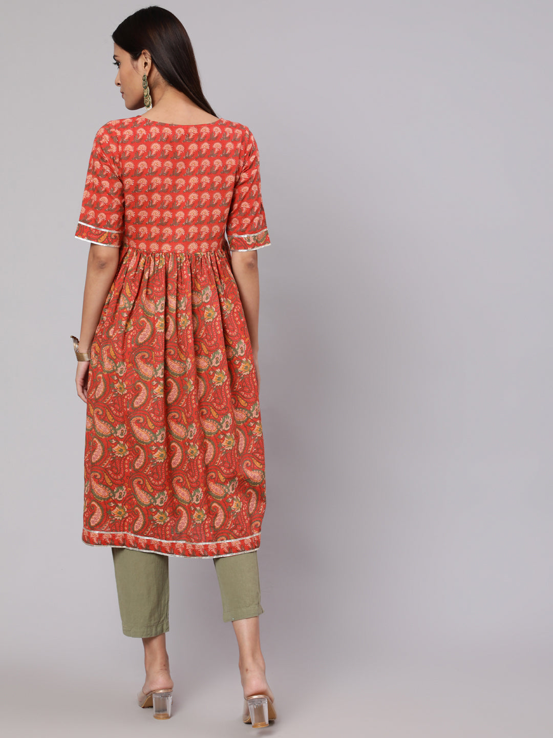 Red Floral Print Gathered Kurta