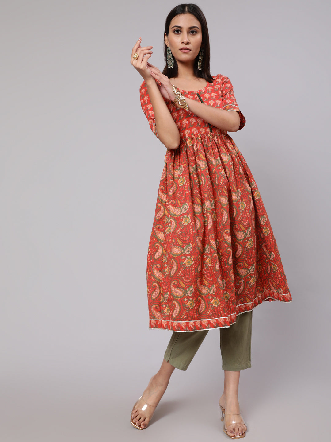 Red Floral Print Gathered Kurta