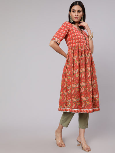 Red Floral Print Gathered Kurta