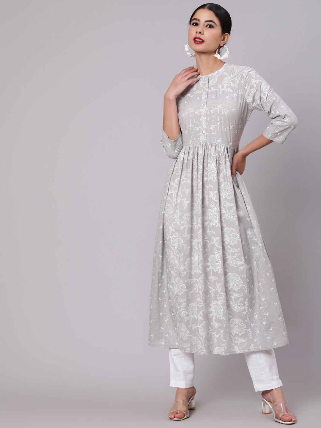 Grey Khari Print Gathered Kurta