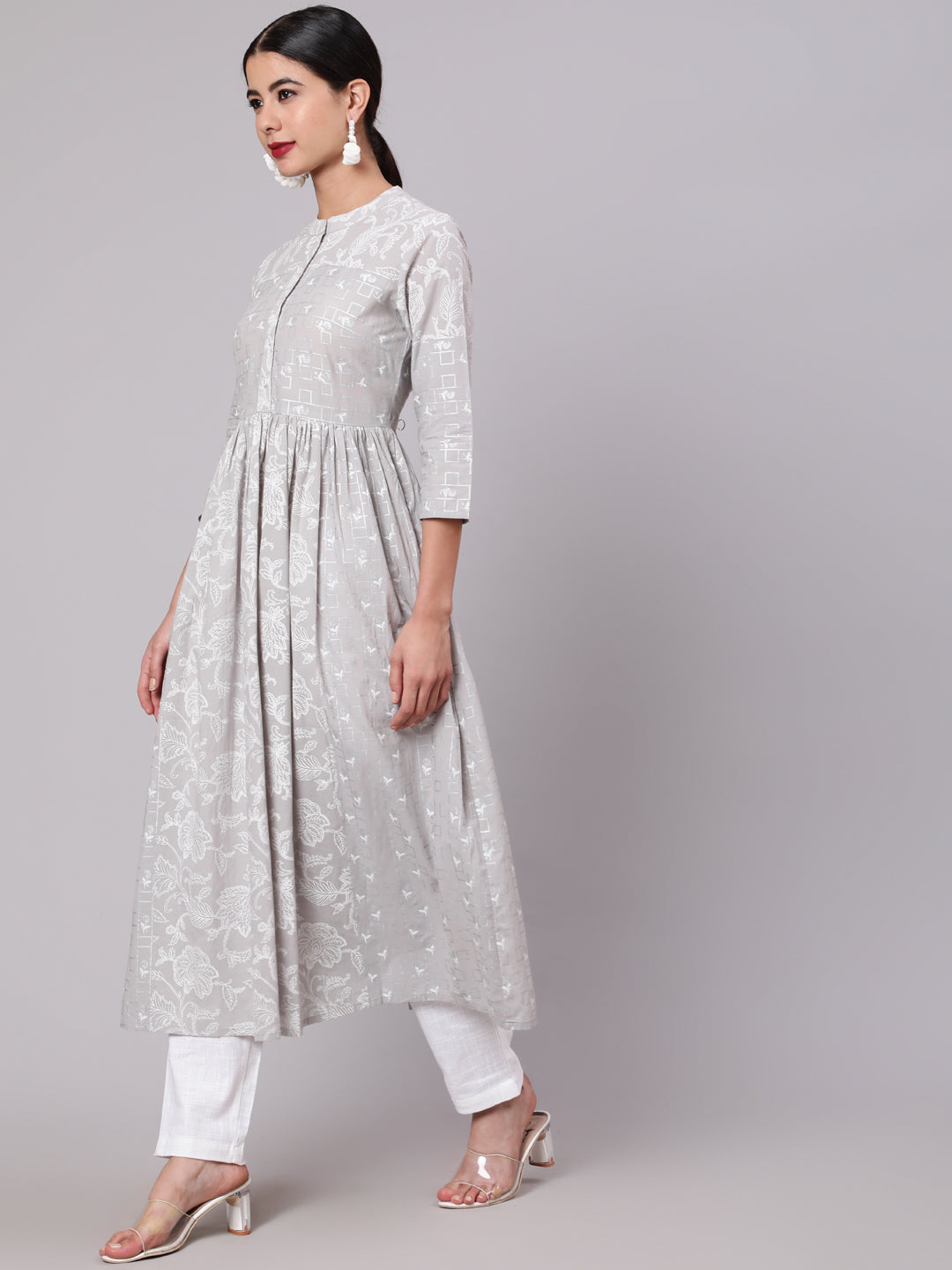 Grey Khari Print Gathered Kurta