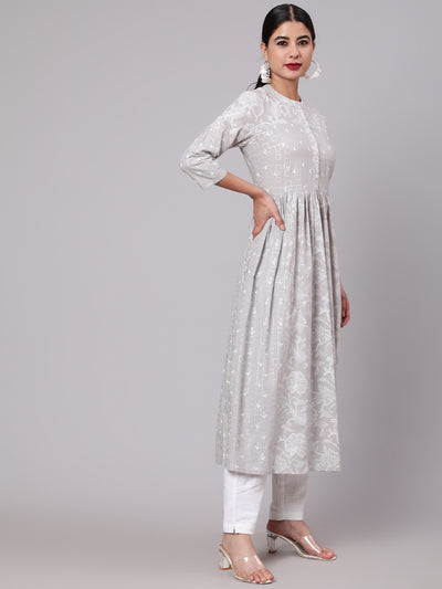 Grey Khari Print Gathered Kurta
