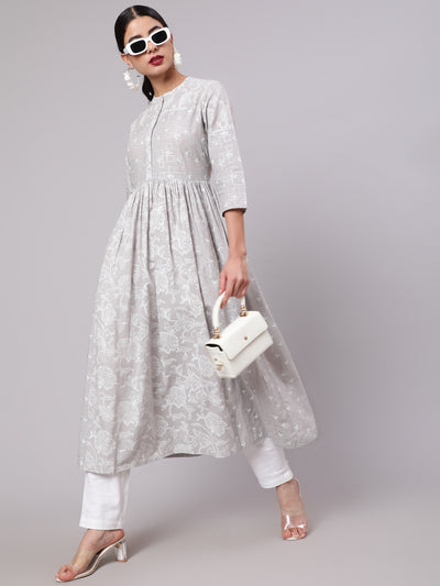 Grey Khari Print Gathered Kurta
