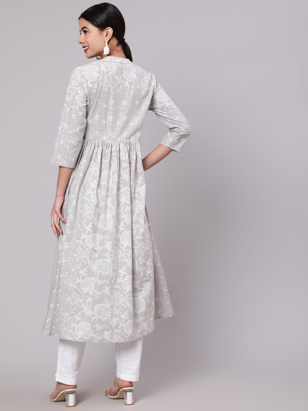 Grey Khari Print Gathered Kurta