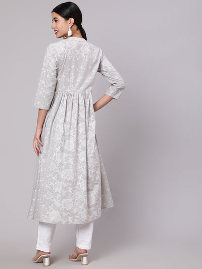 Grey Khari Print Gathered Kurta