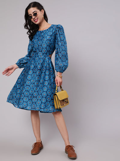 Mother Daughter Combo-Blue Printed Cut-Out Skater Dress