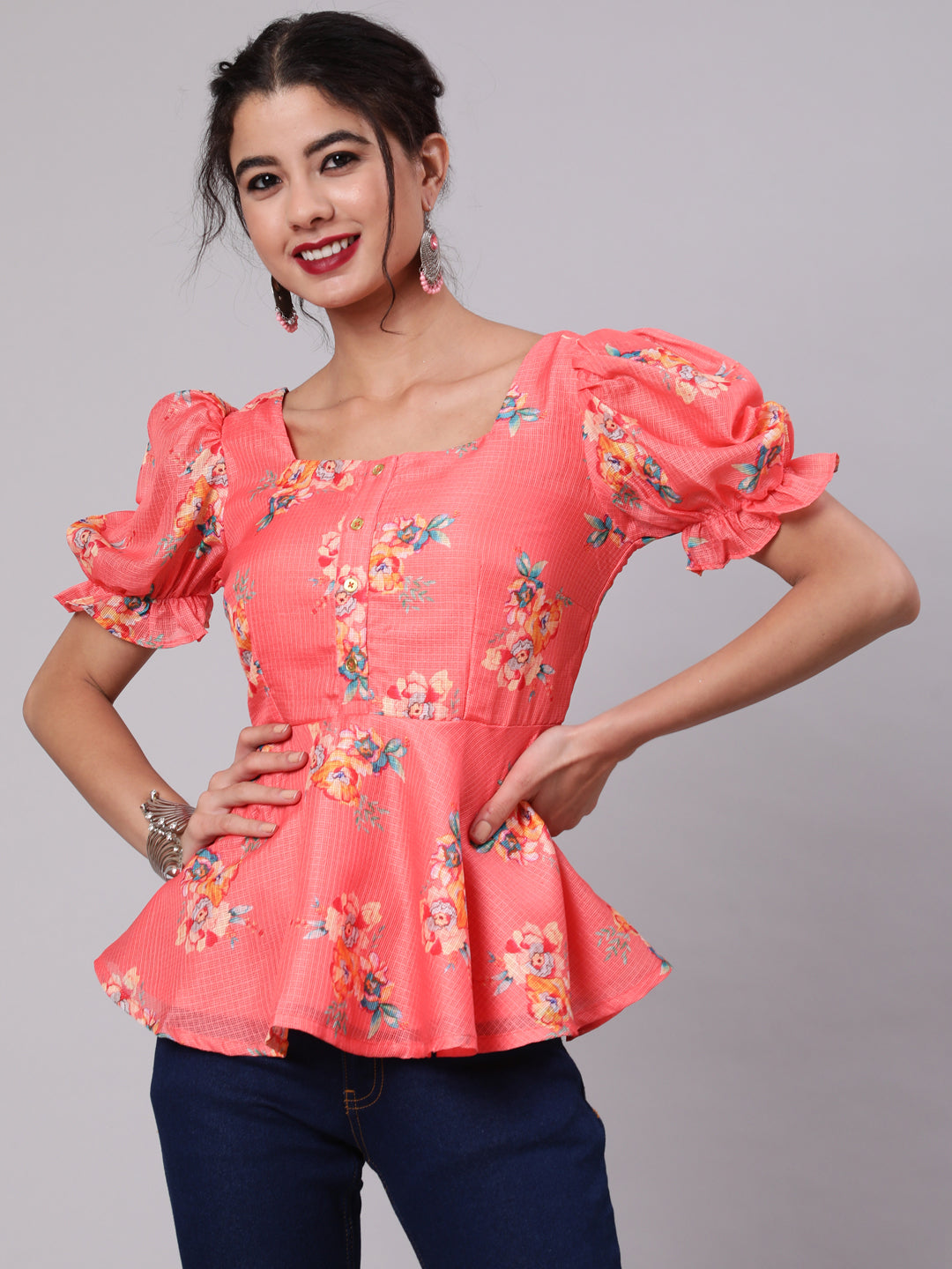 Coral Floral Print Top