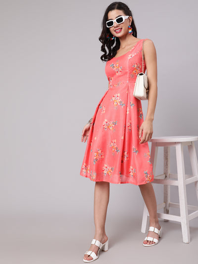 Coral Floral Print Cut-Out Skater Dress