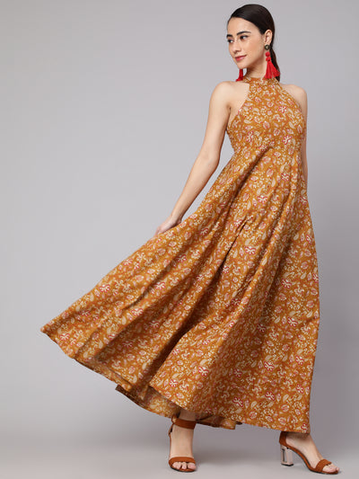 Mustard Floral Print Flared Maxi Dress