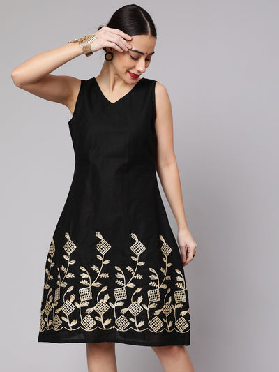 Black Midi Dress with Gota Embroidery